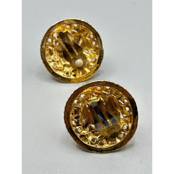 Pearls & Rhinestones Clip Earrings Gold Tone Round Domed Buttons Red Green Blue - Picture 4 of 5